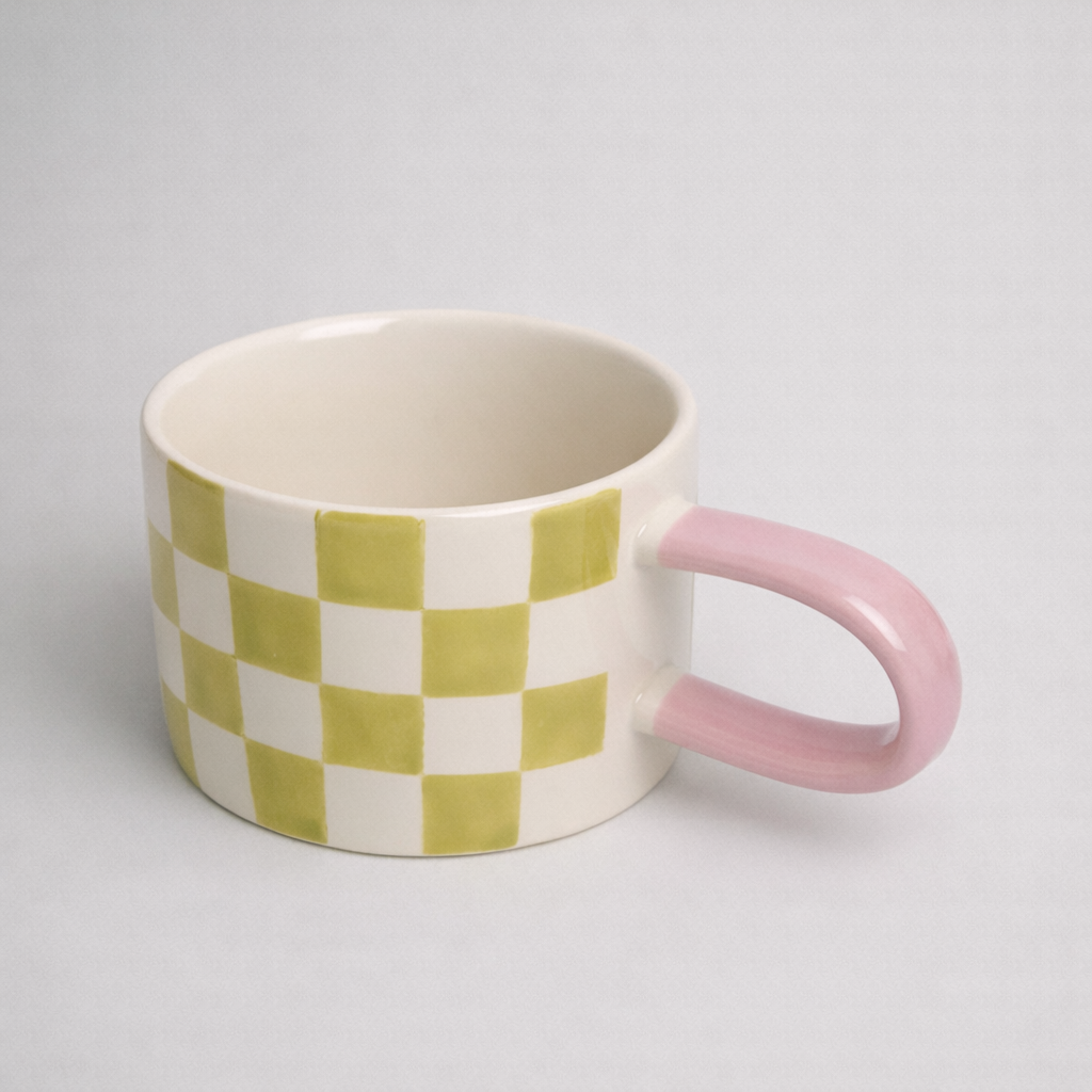 Ceramic Mug – Checkerboard Edition & Pink Handle