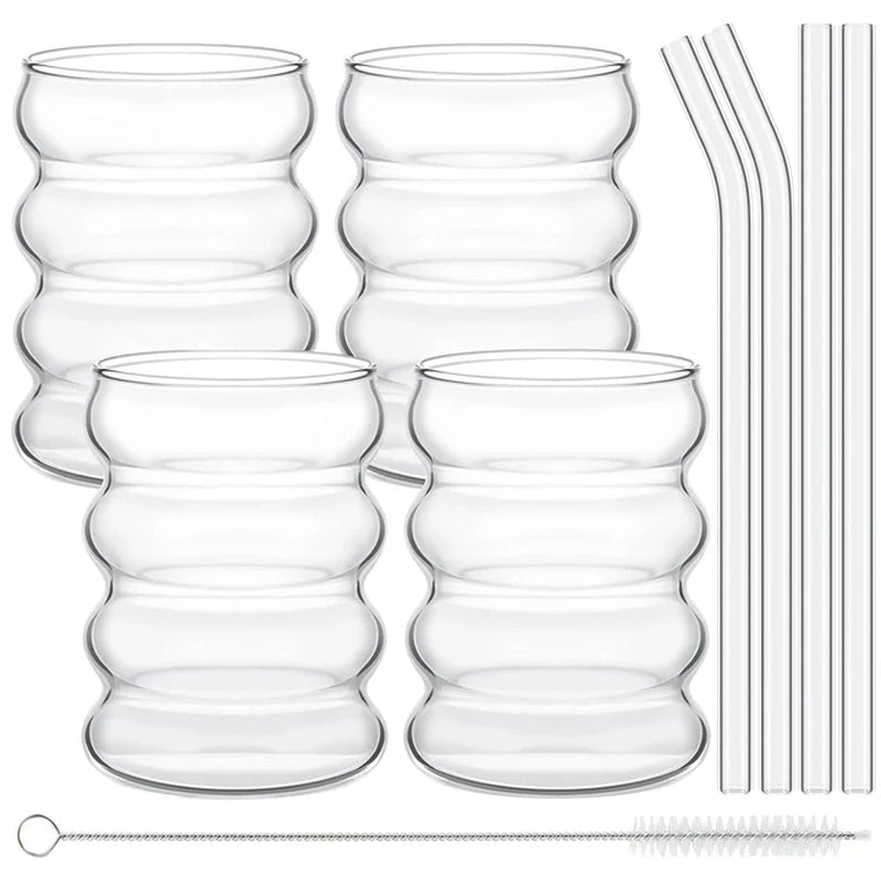 4Pcs Creative Glass Cups Coffee Mug Vintage Drinking Glasses Ribbed Glassware Aesthetic Cups with Straws Set