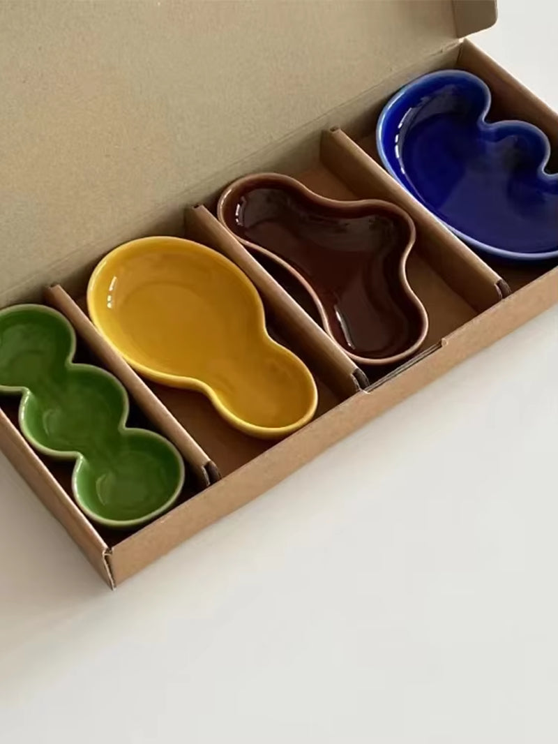 4 Colors Irregular Hand-Kneaded Ceramic Dipping Flower Dish Colorful Glaze Lovely Japanese Hot Pot Dipping Flower Dish