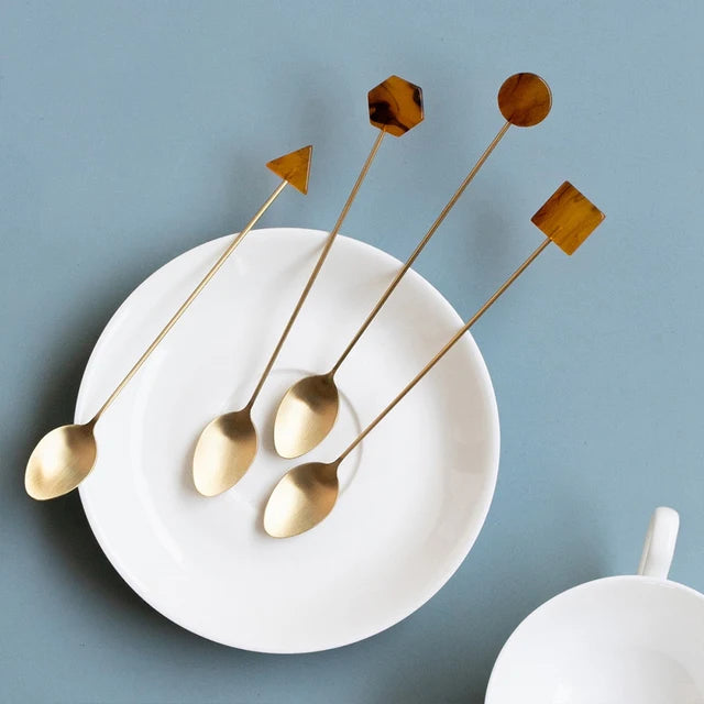 4Pcs Stainless Steel Small Spoon Fork Set INS Coffee Tea Stirring Household Gold-Plated Acrylic Geometric Shape Spoons Forks
