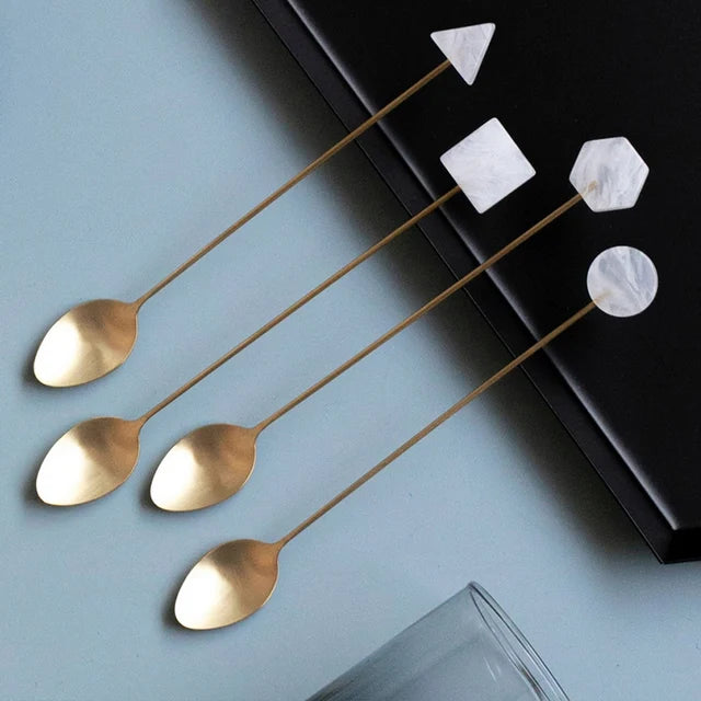 4Pcs Stainless Steel Small Spoon Fork Set INS Coffee Tea Stirring Household Gold-Plated Acrylic Geometric Shape Spoons Forks