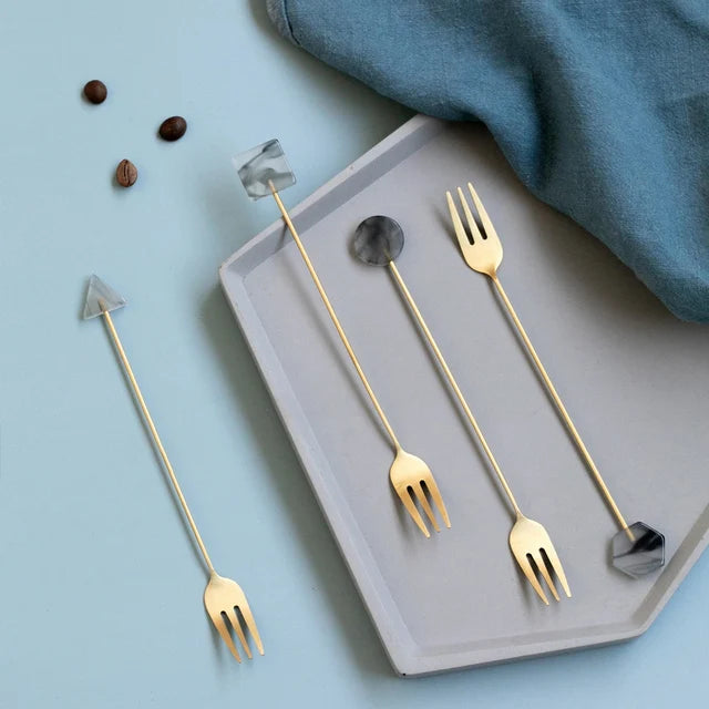 4Pcs Stainless Steel Small Spoon Fork Set INS Coffee Tea Stirring Household Gold-Plated Acrylic Geometric Shape Spoons Forks