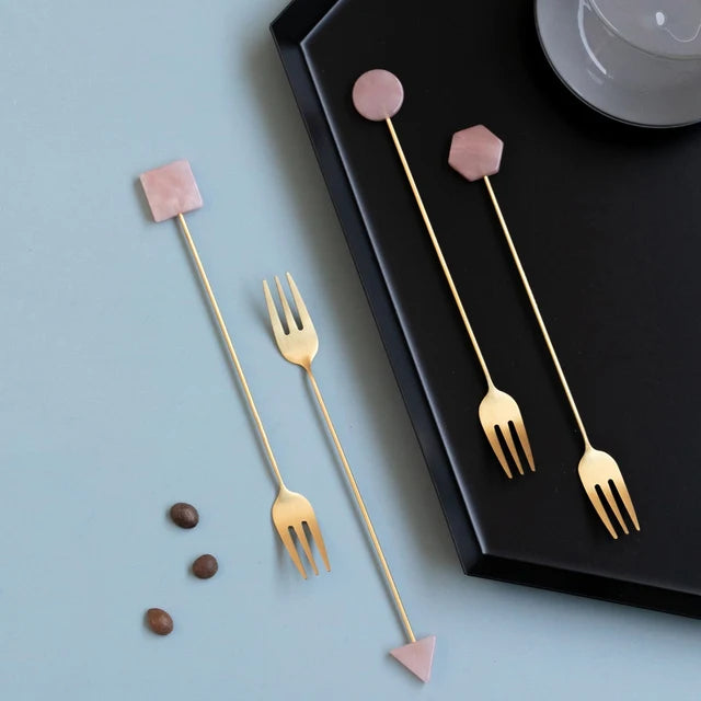 4Pcs Stainless Steel Small Spoon Fork Set INS Coffee Tea Stirring Household Gold-Plated Acrylic Geometric Shape Spoons Forks