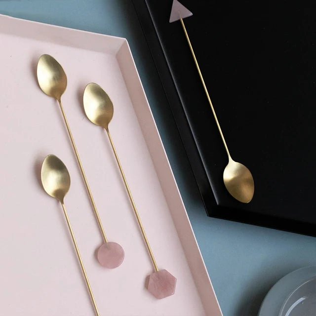 4Pcs Stainless Steel Small Spoon Fork Set INS Coffee Tea Stirring Household Gold-Plated Acrylic Geometric Shape Spoons Forks