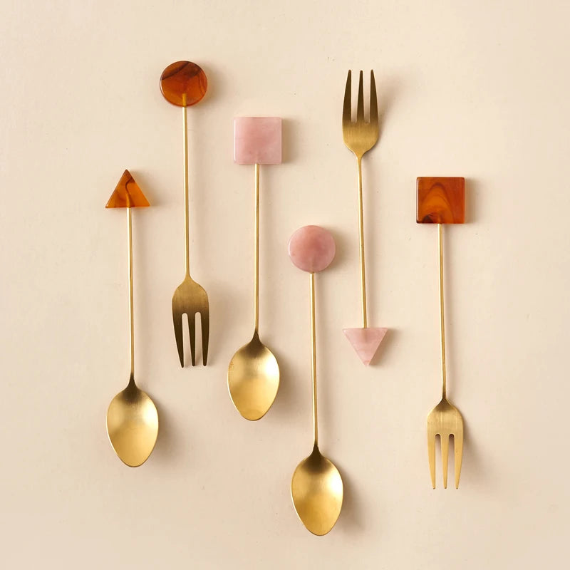 4Pcs Stainless Steel Small Spoon Fork Set INS Coffee Tea Stirring Household Gold-Plated Acrylic Geometric Shape Spoons Forks