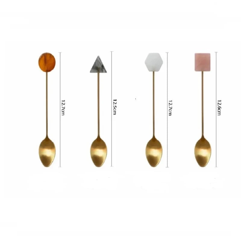 4Pcs Stainless Steel Small Spoon Fork Set INS Coffee Tea Stirring Household Gold-Plated Acrylic Geometric Shape Spoons Forks