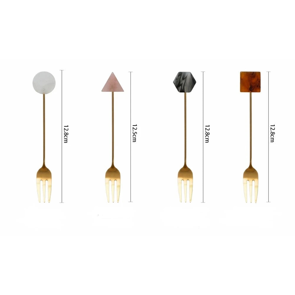 4Pcs Stainless Steel Small Spoon Fork Set INS Coffee Tea Stirring Household Gold-Plated Acrylic Geometric Shape Spoons Forks