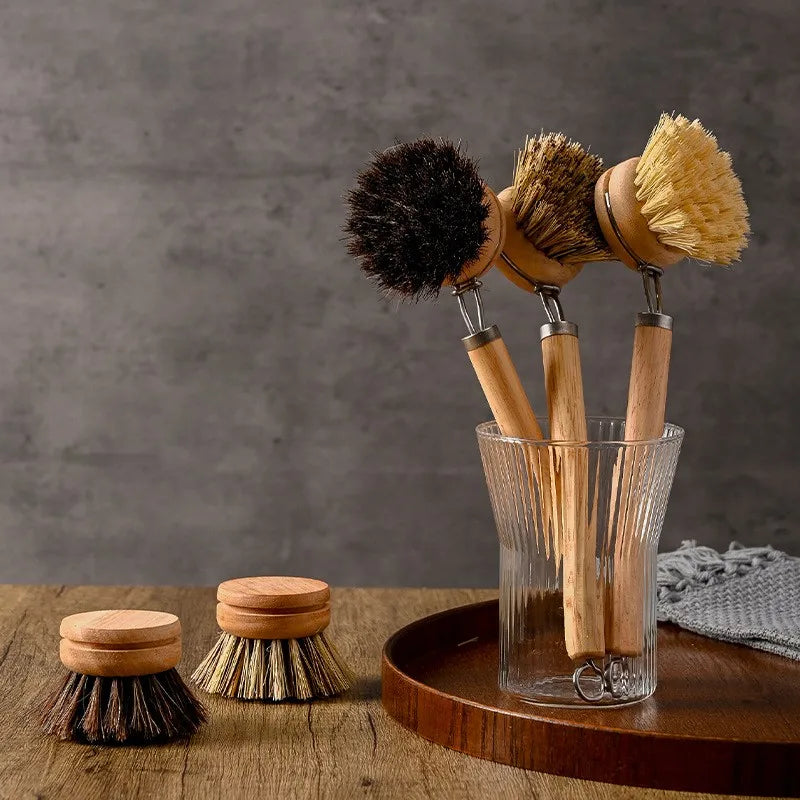 Replaceable Dish Brush Long Wooden Handle Household Cleaning Brush Useful Things for Kitchen Cleaning Tool