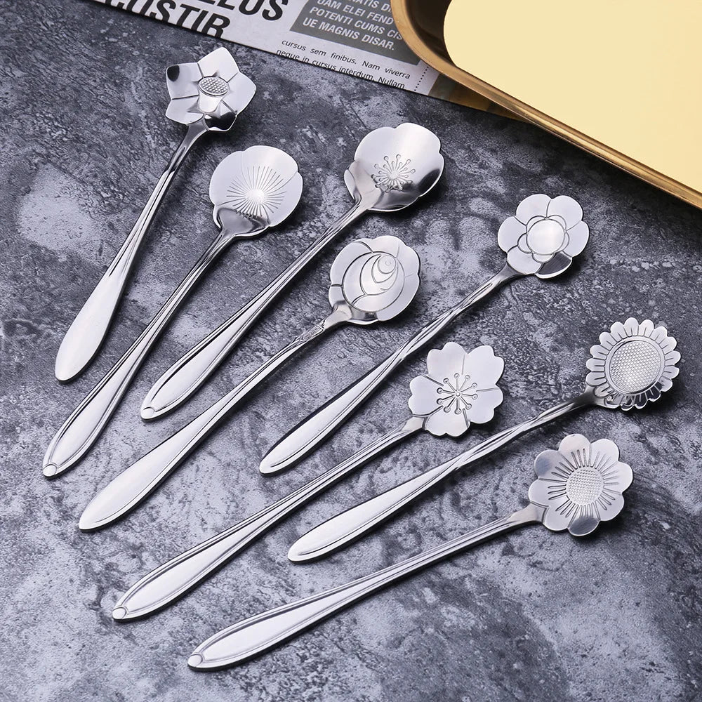 8Pcs Stainless Steel Cherry Rose Flower Gold Scoop Coffee Spoon Gifts Kitchen Dessert Tea Accessories Tableware Decoration Set