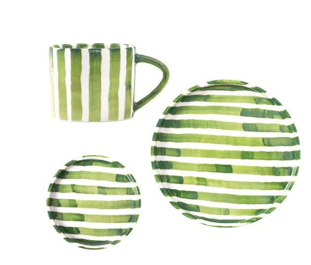 Ceramic Coffee Mug Three-Piece Set Hand-Painted Striped Mug Afternoon Camellia Tea Mug Breakfast Milk Oatmeal Mug Cake Plate New