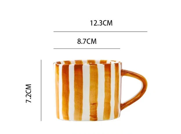 Ceramic Coffee Mug Three-Piece Set Hand-Painted Striped Mug Afternoon Camellia Tea Mug Breakfast Milk Oatmeal Mug Cake Plate New