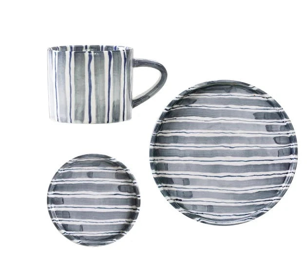 Ceramic Coffee Mug Three-Piece Set Hand-Painted Striped Mug Afternoon Camellia Tea Mug Breakfast Milk Oatmeal Mug Cake Plate New