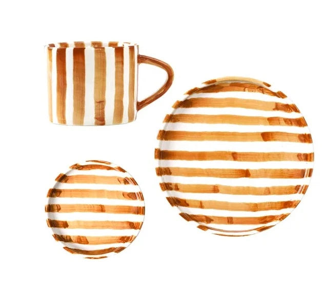 Ceramic Coffee Mug Three-Piece Set Hand-Painted Striped Mug Afternoon Camellia Tea Mug Breakfast Milk Oatmeal Mug Cake Plate New