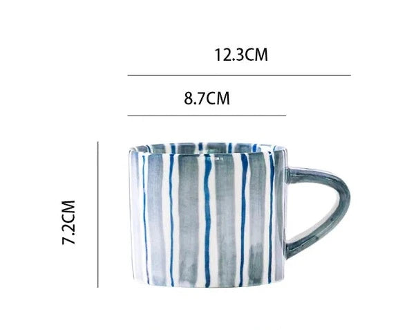 Ceramic Coffee Mug Three-Piece Set Hand-Painted Striped Mug Afternoon Camellia Tea Mug Breakfast Milk Oatmeal Mug Cake Plate New