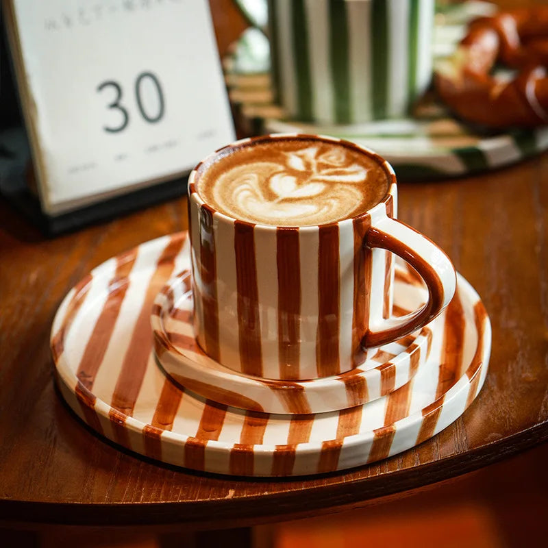 Ceramic Coffee Mug Three-Piece Set Hand-Painted Striped Mug Afternoon Camellia Tea Mug Breakfast Milk Oatmeal Mug Cake Plate New