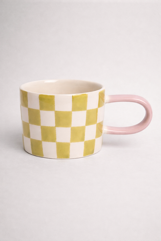 Ceramic Mug – Checkerboard Edition & Pink Handle