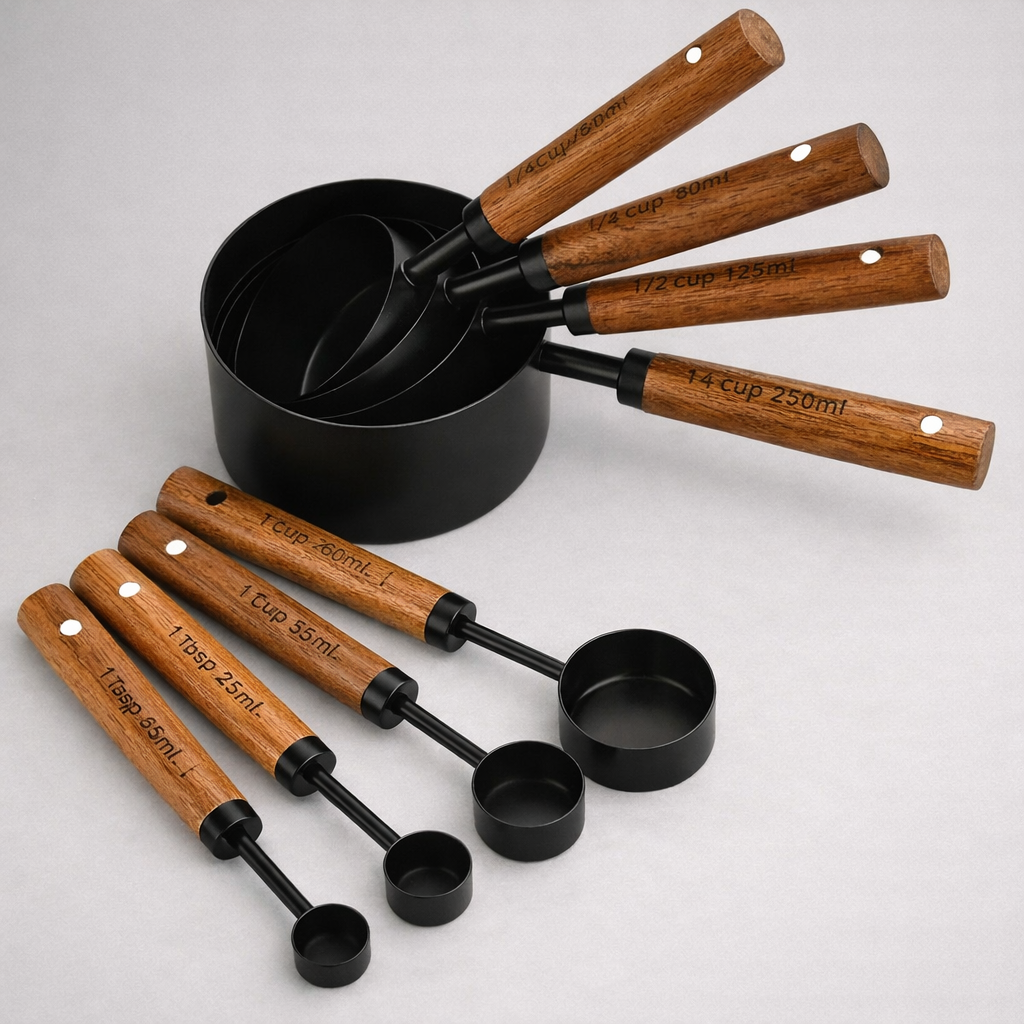 Set of stainless steel spoons and dose cups with wooden handle - precise tools for cooking, pastry and coffee | Fynlora