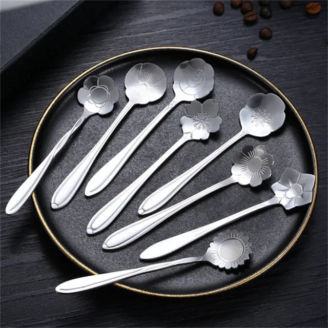 8Pcs Stainless Steel Cherry Rose Flower Gold Scoop Coffee Spoon Gifts Kitchen Dessert Tea Accessories Tableware Decoration Set