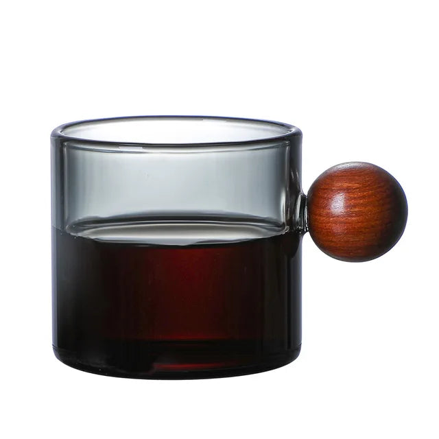 Colorful Glass Coffee Mugs with Wooden Ball Handle Reusable Drinking Tea Glass for Tea Coffee Latte