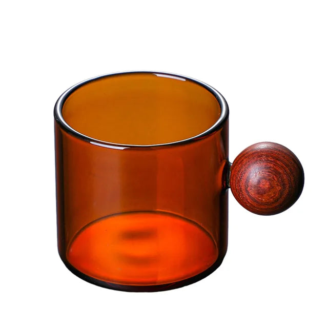 Colorful Glass Coffee Mugs with Wooden Ball Handle Reusable Drinking Tea Glass for Tea Coffee Latte