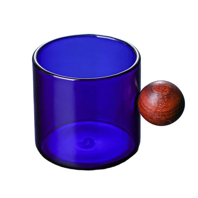 Colorful Glass Coffee Mugs with Wooden Ball Handle Reusable Drinking Tea Glass for Tea Coffee Latte