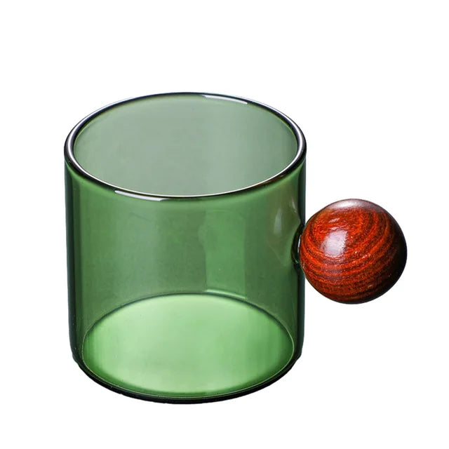 Colorful Glass Coffee Mugs with Wooden Ball Handle Reusable Drinking Tea Glass for Tea Coffee Latte