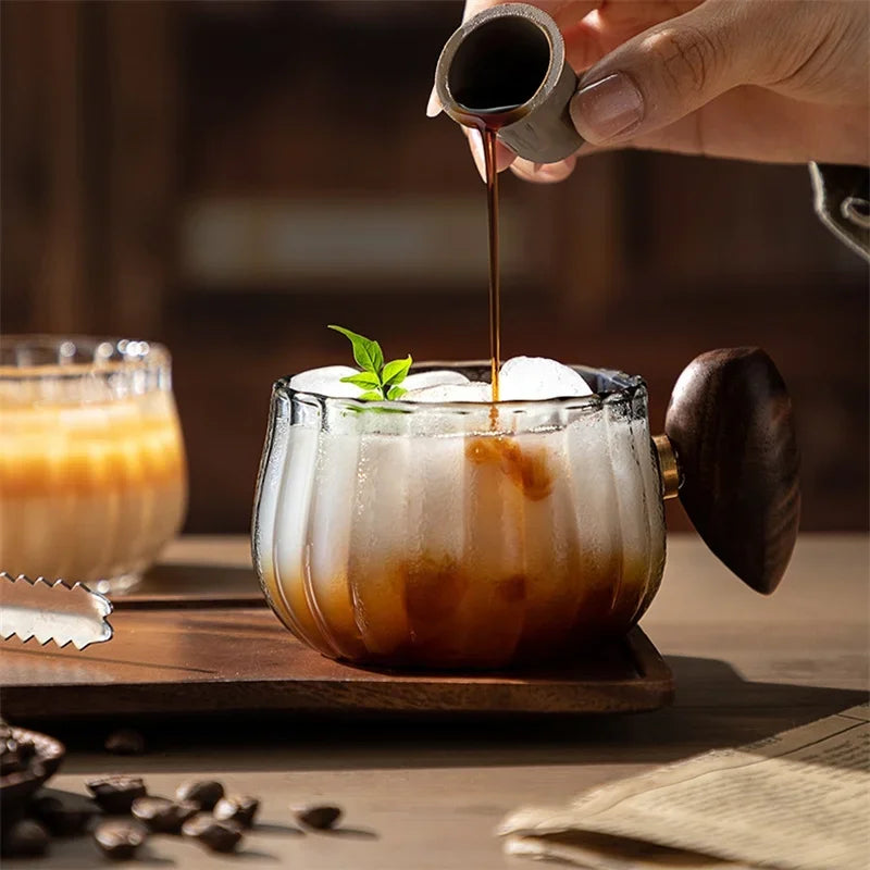 Stripe Heat-Resistant High Boron Silicon Glass Coffee Mug with Wooden Handle Ice American Latte Cup Breakfast Milk Tea Cup