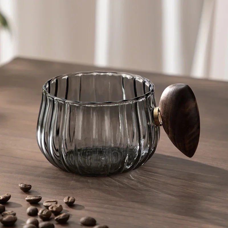 Stripe Heat-Resistant High Boron Silicon Glass Coffee Mug with Wooden Handle Ice American Latte Cup Breakfast Milk Tea Cup