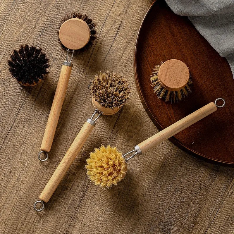 Replaceable Dish Brush Long Wooden Handle Household Cleaning Brush Useful Things for Kitchen Cleaning Tool