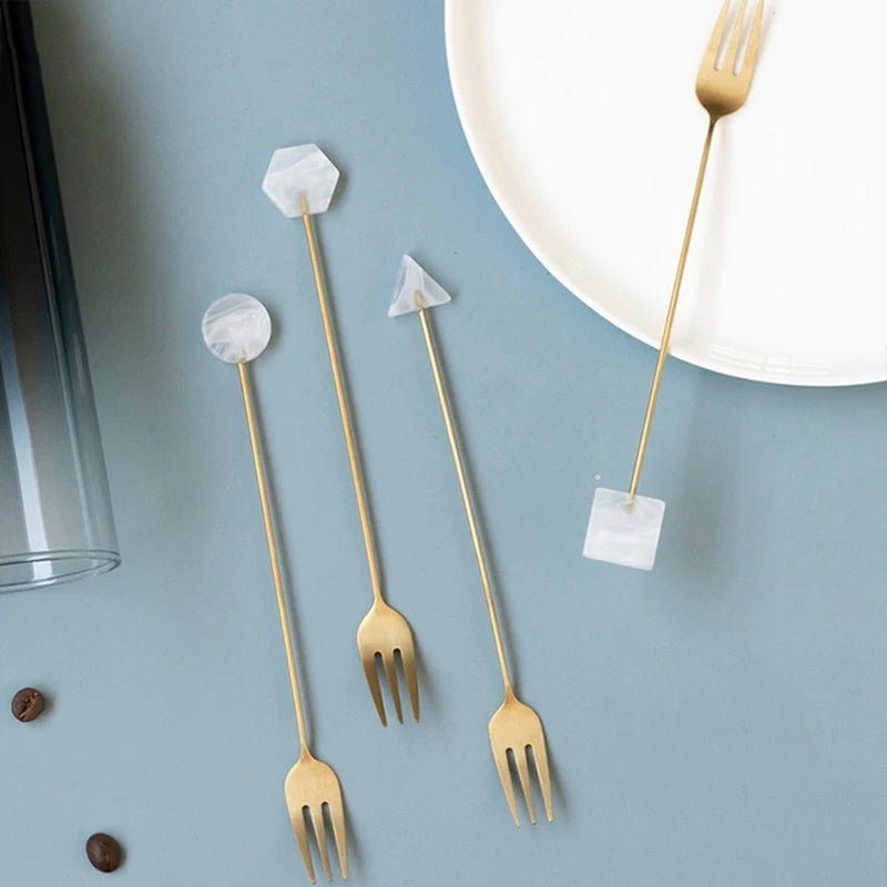 4Pcs Stainless Steel Small Spoon Fork Set INS Coffee Tea Stirring Household Gold-Plated Acrylic Geometric Shape Spoons Forks